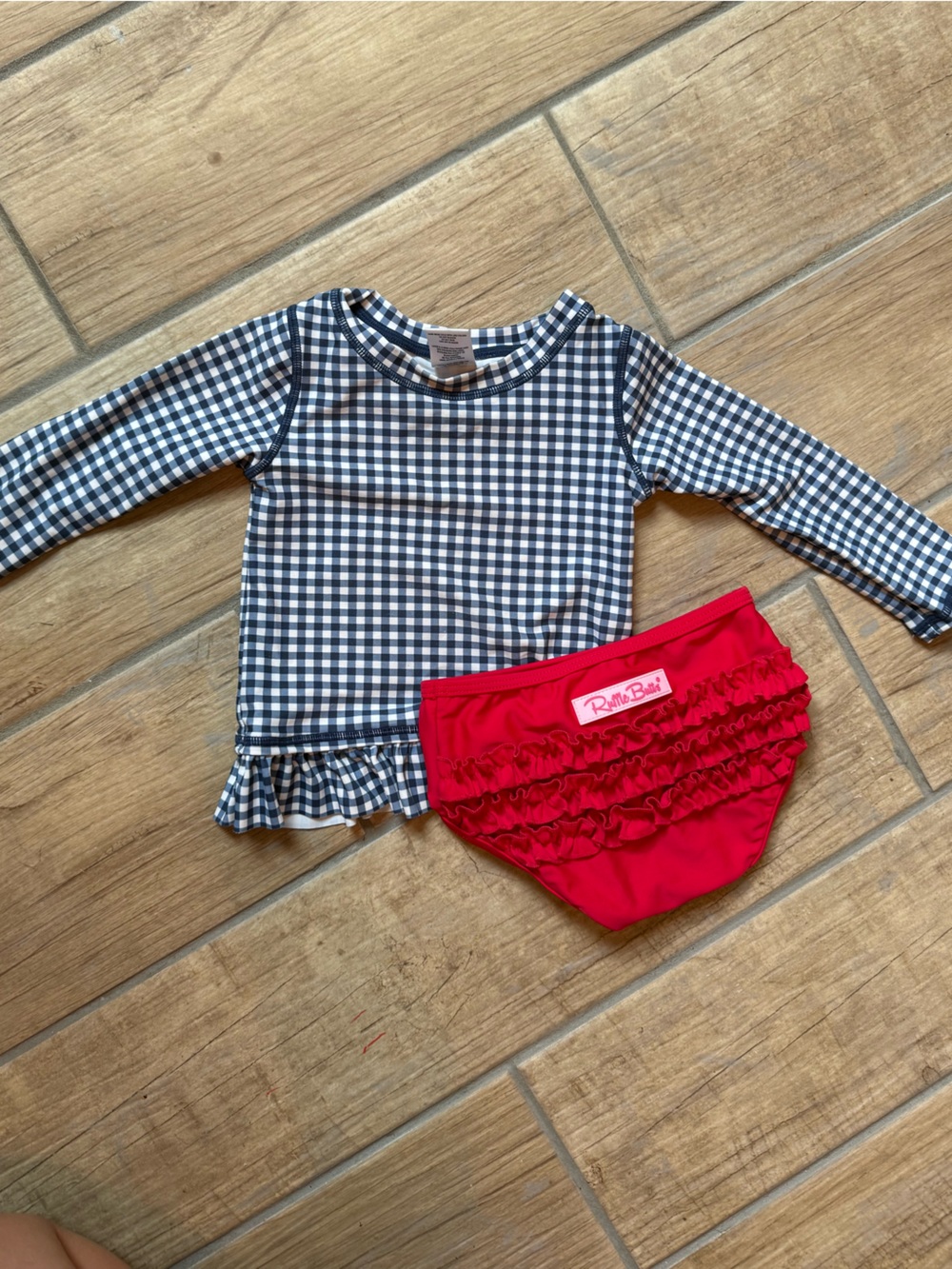 Gingham Long Sleeve Swim Top with Red Ruffle Swim bottoms